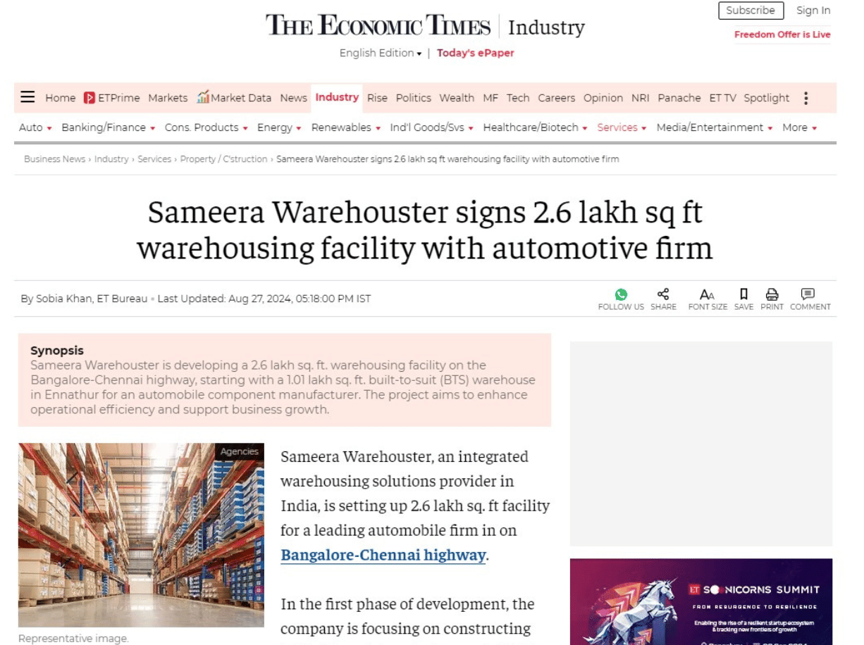 Sameera Warehouster signs 2.6 lakh sq ft warehousing facility with automotive firm.