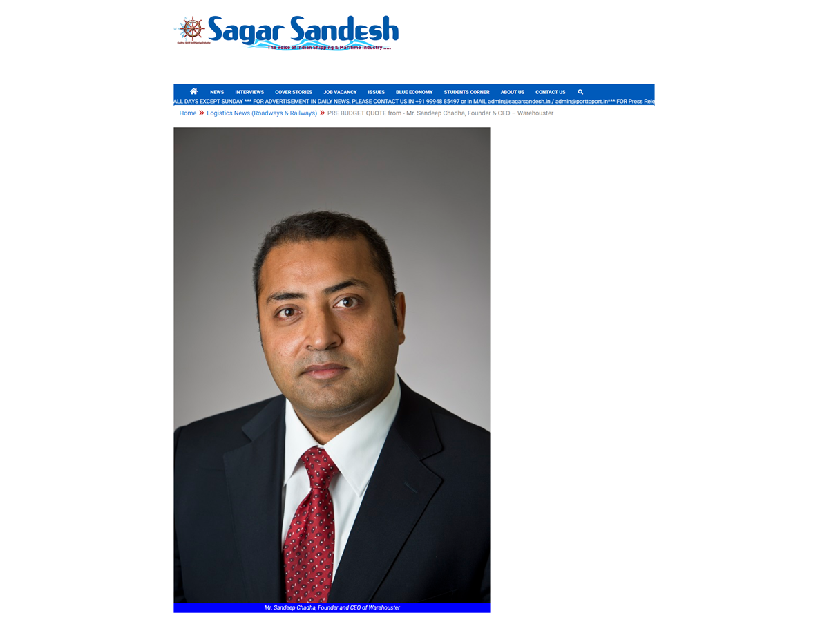 PRE BUDGET QUOTE from - Mr. Sandeep Chadha, Founder & CEO – Warehouster